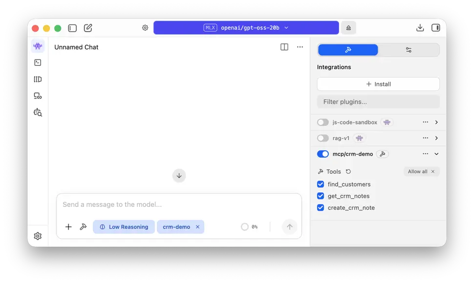 LM Studio&rsquo;s Integrations panel showing the connected crm-demo MCP server and its three tools: find_customers, get_crm_notes, and create_crm_note.